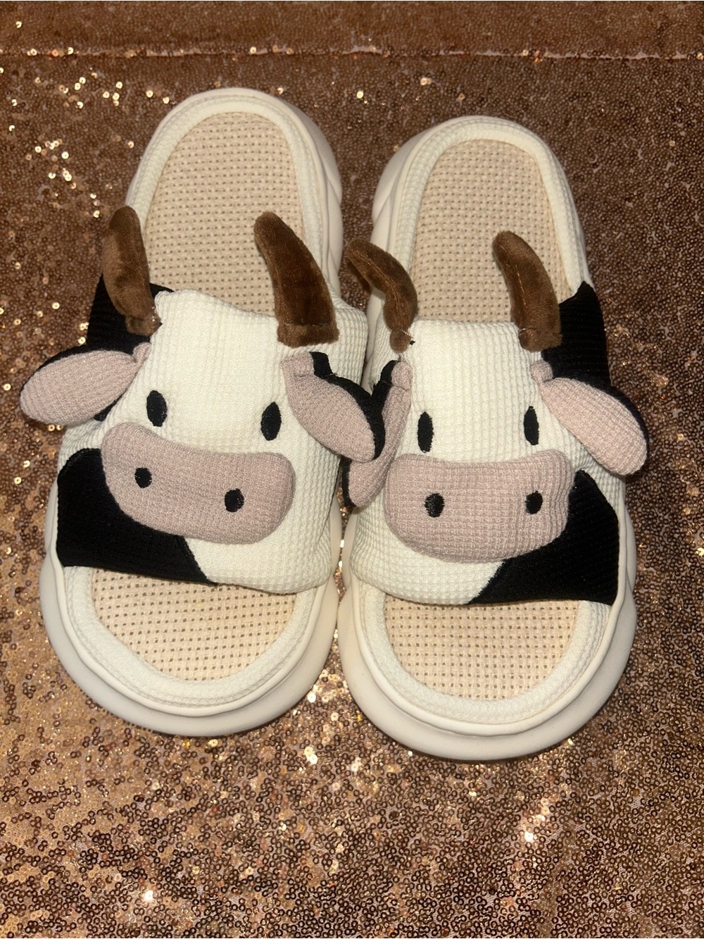 Cow Appliqué Kids Slide Sandals in White, Black & Brown